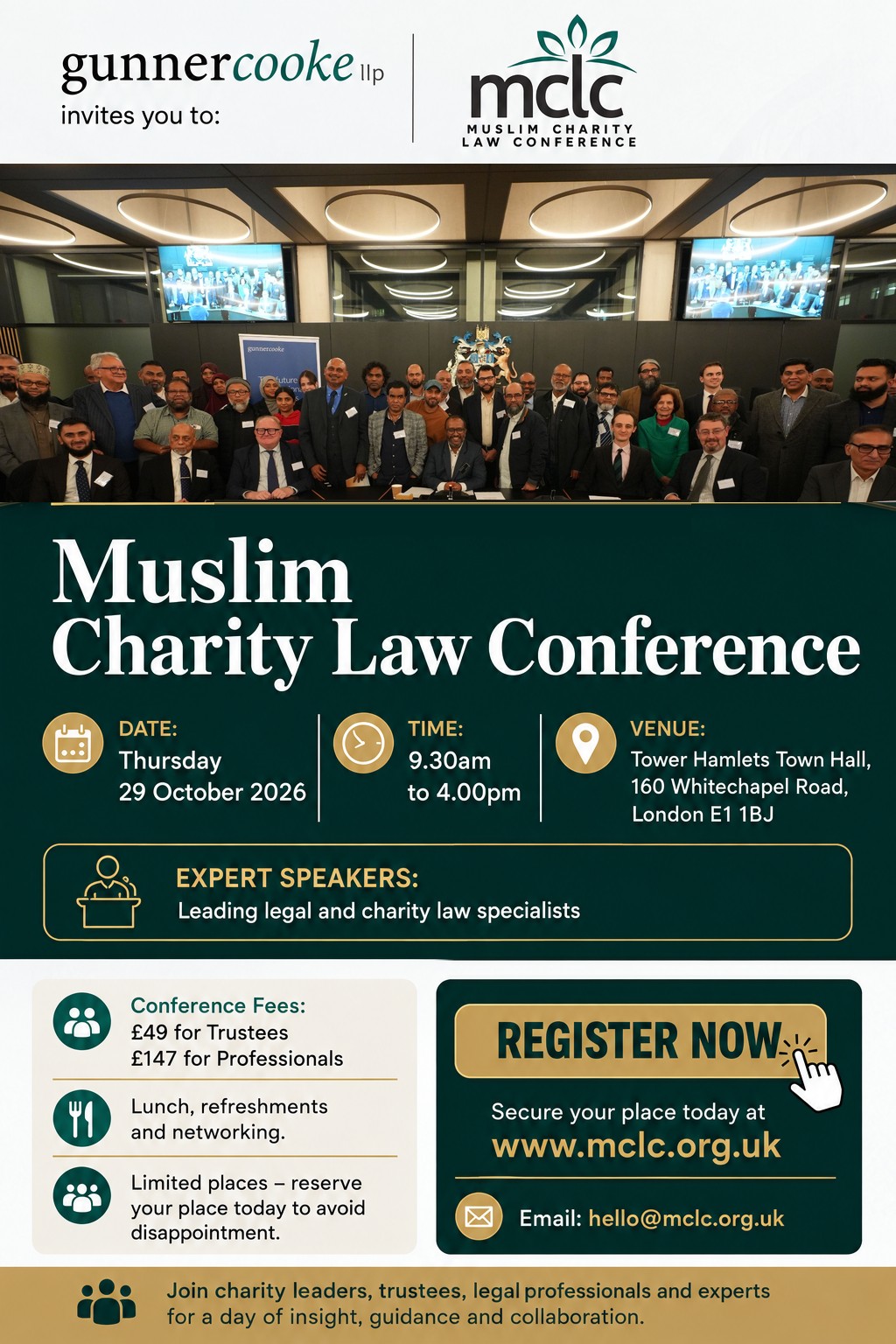 Muslim Charity Law Conference poster for Thursday 29 October 2026 at Tower Hamlets Town Hall