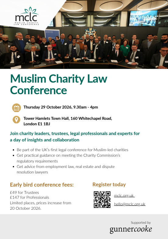 Muslim Charity Law Conference poster for Thursday 29 October 2026 at Tower Hamlets Town Hall